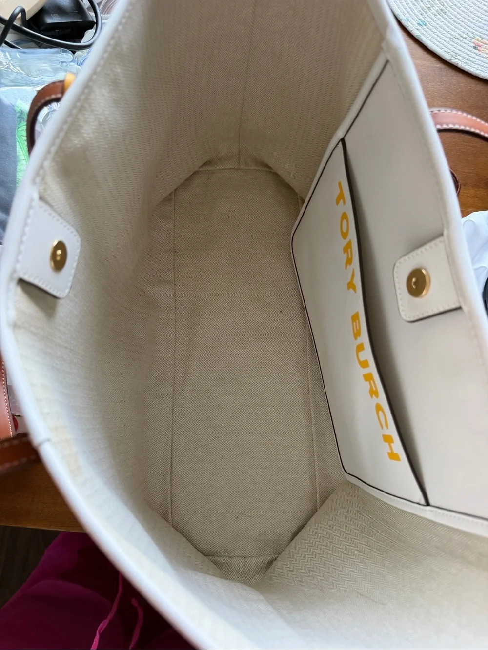 Tory Burch Tote Bag with Daisy Embroidery & Brown Leather Handles
